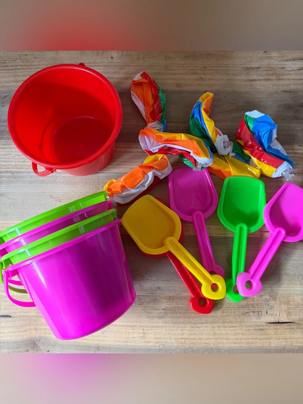 Bright Multicolor Beach Bucket, Mini Ball and Shovel Set